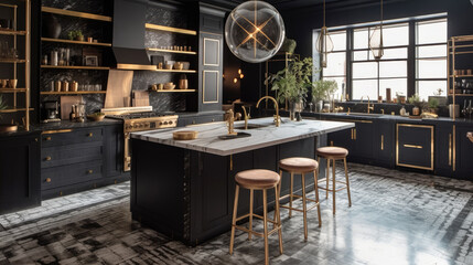 A chic modern kitchen that seamlessly blends bold design choices with functionality. Generative AI