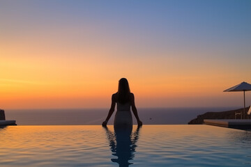 Fototapeta premium In the background of the sunset at dusk; a girl admires the scenery in the high -end hotel pool