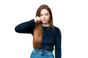 Young pretty woman over isolated chroma key background showing a sign of silence gesture