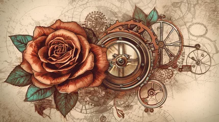 Fotobehang floral, vintage background, peony, flover, products, enginer, generative, ai, steampunk, background, clockwork, brooch, rose © Svitlana