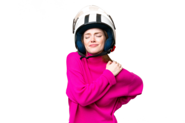 Young pretty woman with a motorcycle helmet over isolated chroma key background suffering from pain in shoulder for having made an effort