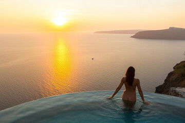 Fototapeta na wymiar In the background of the sunset at dusk; a girl admires the scenery in the high -end hotel pool
