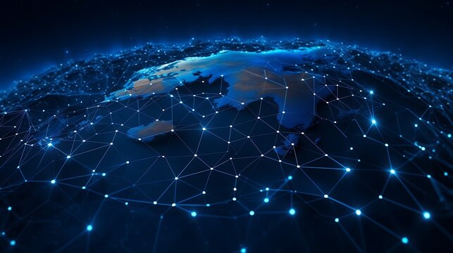 Explore the blue world map adorned with a captivating glow of the global network light.