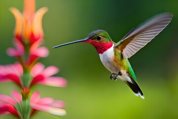 Naklejka premium Hummingbird flying over a flower with a background in shades of green. Created with generative Ai technology.