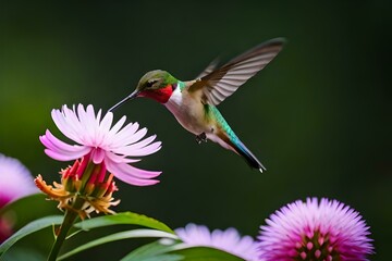 Hummingbird flying over a flower with a background in shades of green. Created with generative Ai technology.