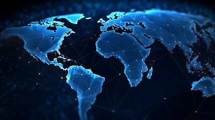 Fototapeta premium Explore the blue world map adorned with a captivating glow of the global network light.