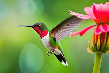 Hummingbird flying over a flower with a background in shades of green. Created with generative Ai technology.