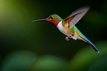Fototapeta premium Hummingbird flying with a background in shades of green. Created with generative Ai technology.