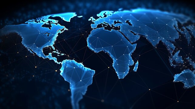Fototapeta Explore the blue world map adorned with a captivating glow of the global network light.