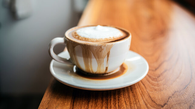 Spilled coffee with milk in a white cup or cappuccino is overflowing from the coffee cup on wooden bar