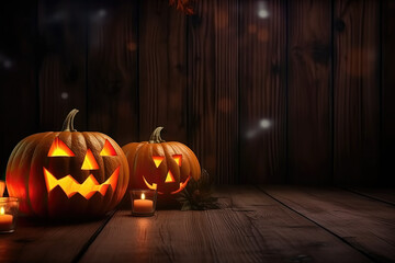 Halloween or Thanksgiving background, with fresh autumn pumpkins that are burned on the brown desktop