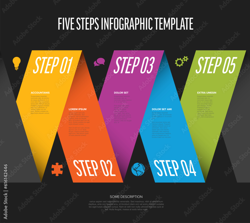 Poster five color steps elements template on folded paper color stripe with dark background