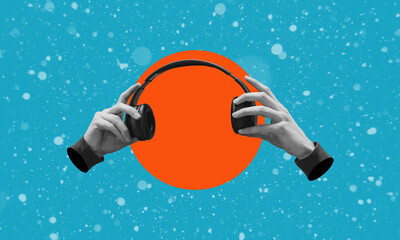 Art collage of digital pop contemporary art. Headphones in hand on a blue background. Listen to the...