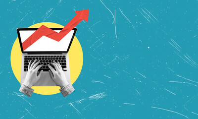 Contemporary art collage. Conceptual design. Human hands working on laptop.