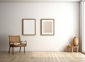 Interior decoration in brown and white tone with 2 chairs, wooden material and empty picture frames.