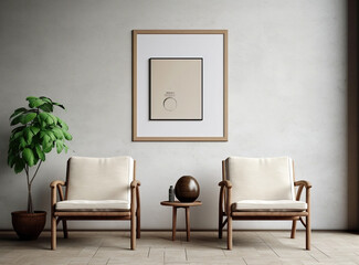 Interior decoration in brown and white tone with 2 chairs, wooden material and empty picture frames.
