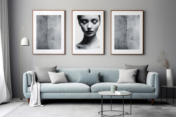 Decorate the living room in modern gray tones. There are picture frames and vases decorated on the walls.