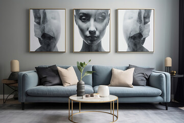 Decorate the living room in modern gray tones. There are picture frames and vases decorated on the walls.