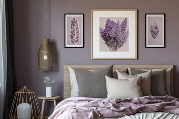 Decorate a bedroom in modern purple tones. There are picture frames and vases decorated at the head of the bed.