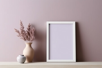 The photo frame in white and purple tones is an empty frame. and flower vase