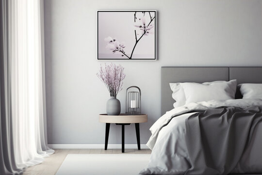Decorate a bedroom in modern purple tones. There are picture frames and vases decorated at the head of the bed.