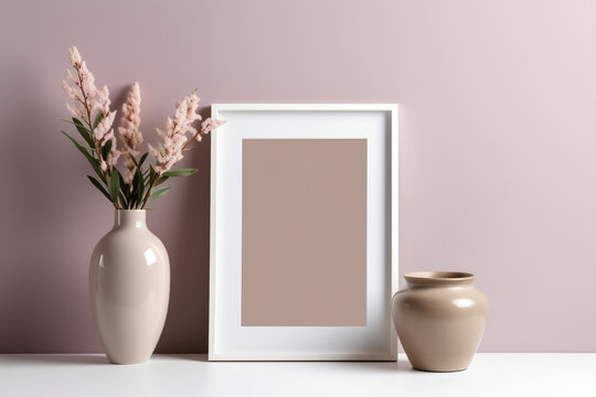 The photo frame in white and purple tones is an empty frame. and flower vase