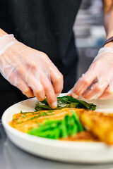 woman chef hand cooking salmon, green bean, olive, salad and soft boiled egg