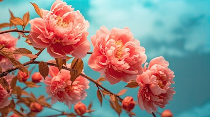 A Captivating Vision of Red Peonies against a Soft Blur of Turquoise. Beautiful Flower Background.