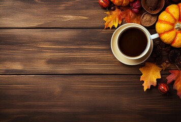 Autumn composition with pumpkins, fall leaves, coffee cup on old wooden table background
