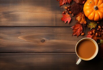 Autumn composition with pumpkins, fall leaves, coffee cup on old wooden table background