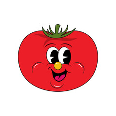 Tomato vegetable face retro cartoon trendy groovy comic character. Modern illustration cute comic character cartoon style. Hand drawn doodle white background. Can be used as sticker, prints and more.