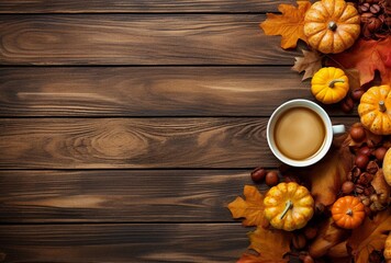 Autumn composition with pumpkins, fall leaves, coffee cup on old wooden table background