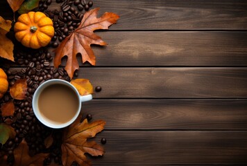 Autumn composition with pumpkins, fall leaves, coffee cup on old wooden table background