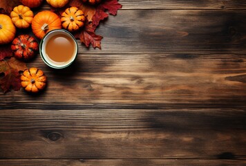 Autumn composition with pumpkins, fall leaves, coffee cup on old wooden table background