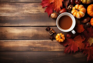 Autumn composition with pumpkins, fall leaves, coffee cup on old wooden table background