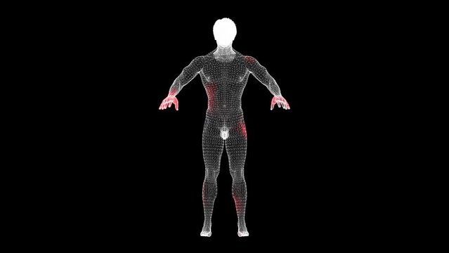 The spread of temperature and pain through the human body. Scanning the 3D body of a naked man. Visual demonstration of virus in the body. Science Medical concept. 3D animation 60 FPS