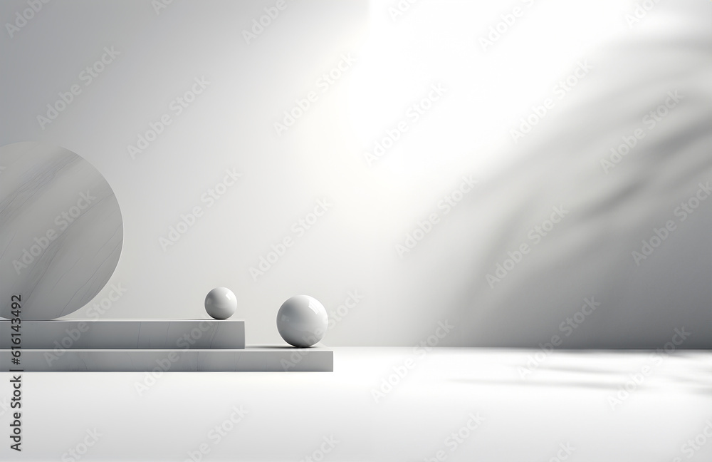 Poster abstract minimal concept. grey white geometrical podium on beautiful leaves blur shadow background. 