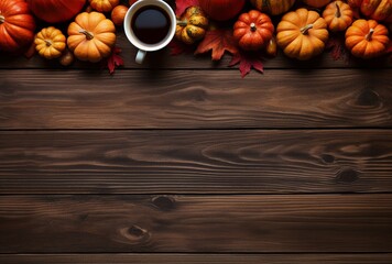 Autumn composition with pumpkins, fall leaves, coffee cup on old wooden table background