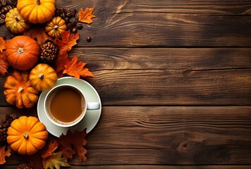 Autumn composition with pumpkins, fall leaves, coffee cup on old wooden table background