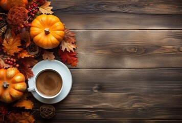 Autumn composition with pumpkins, fall leaves, coffee cup on old wooden table background