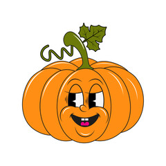 Pumpkin vegetable face retro cartoon trendy groovy comic character. Modern illustration cute comic character cartoon style. Hand drawn doodle white background. Can be used as sticker, prints and more.