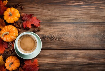 Autumn composition with pumpkins, fall leaves, coffee cup on old wooden table background