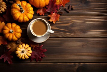 Autumn composition with pumpkins, fall leaves, coffee cup on old wooden table background