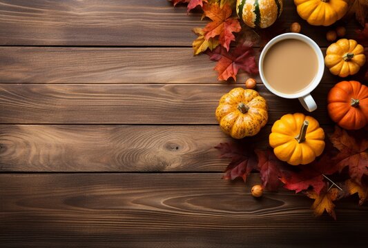Autumn composition with pumpkins, fall leaves, coffee cup on old wooden table background