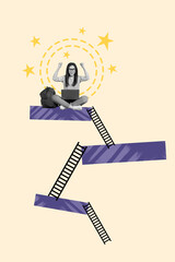 Vertical 3d image sketch collage poster of overjoyed happy girl sitting top ladder rejoce customer...