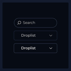 Drop down list UI elements kit. Search information isolated vector components. Flat navigation menus and interface buttons template. Dark theme web design widget collection for mobile application