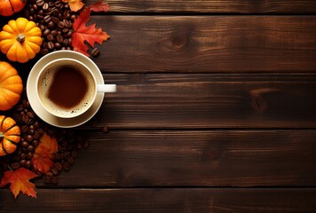 Autumn composition with pumpkins, fall leaves, coffee cup on old wooden table background
