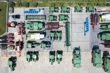 Aerial view of many different types of equipment for agriculture in storage at Targovishte town, Bulgaria