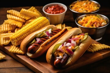 Delicious assortment of hot dogs, corn, and burgers, Generative Ai