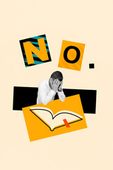 Picture sketch collage image of stressed depressed guy denying reading book isolated creative background